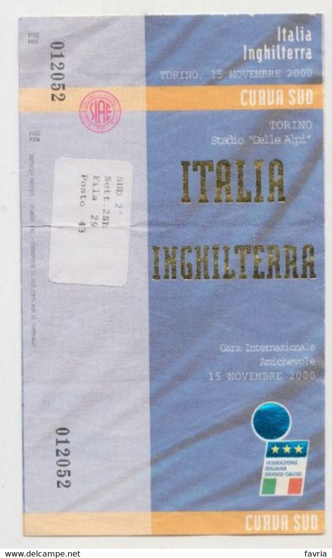 Italia - Inghilterra - Torino, 15/11/2000 - Calcio, Ticket / Biglietto Stadio N. 012052 - Match Tickets