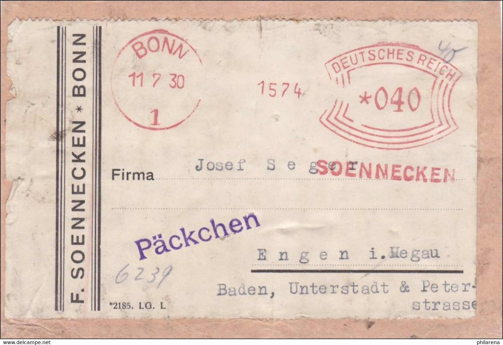 Freistempel: Soennecken Bonn Als Päckchen Auf Ausschnitt Nach Engen 1930 - Altri & Non Classificati