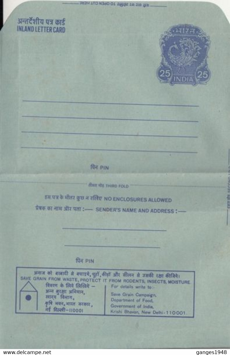 India  1980's  Save Grains From Rodents  Advertisement  25P  Inland Letter  #  74252  Inde Indien - Inland Letter Cards