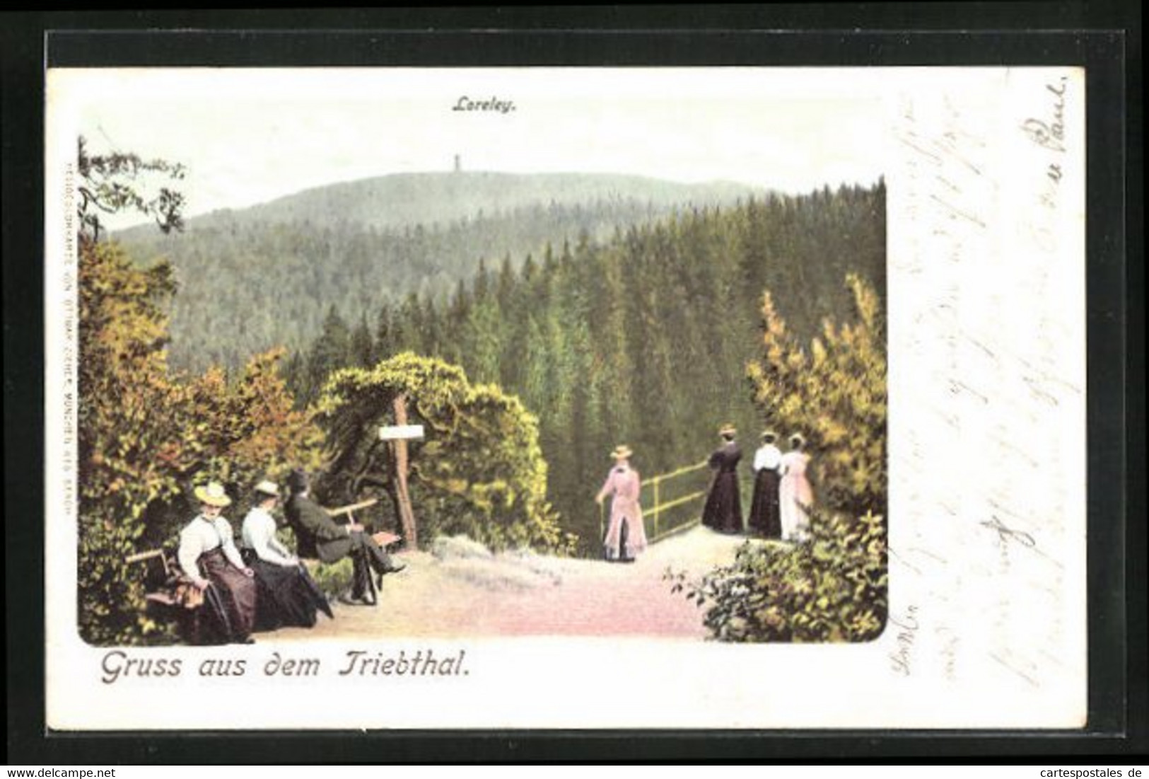 Lithographie Pöhl, Passanten Am Aussichtspunkt Mit Der Loreley Im Hintergrund - Pöhl