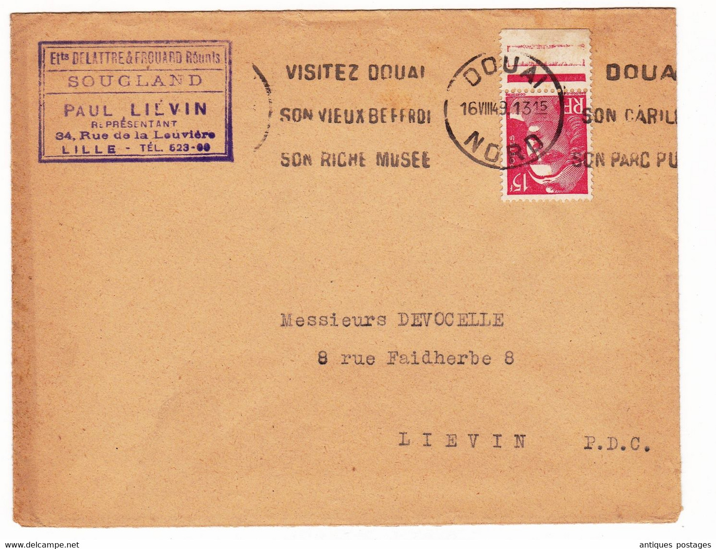 Lettre 1948 Douai Nord Marianne De Gandon 15F Ets Delattre & Frouard Sougland Paul Liévin - 1945-54 Marianna Di Gandon