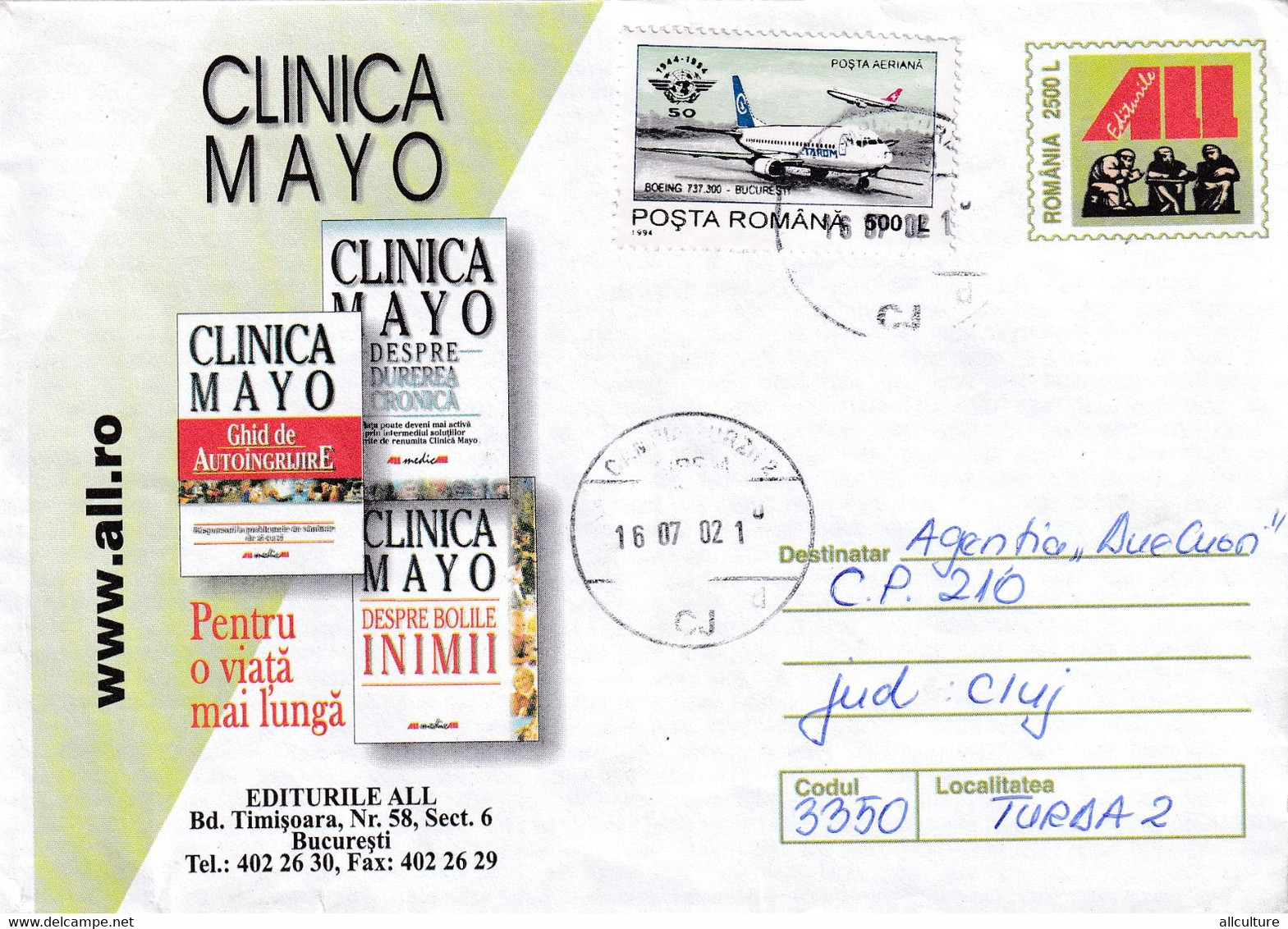 A9638 - MAYO CLINIC MEDICINE - FOR A LONG LIFE, ROMANIAN POSTAGE USED STAMP ON COVER, CLUJ 2002 ROMANIA COVER STATIONERY - Médecine