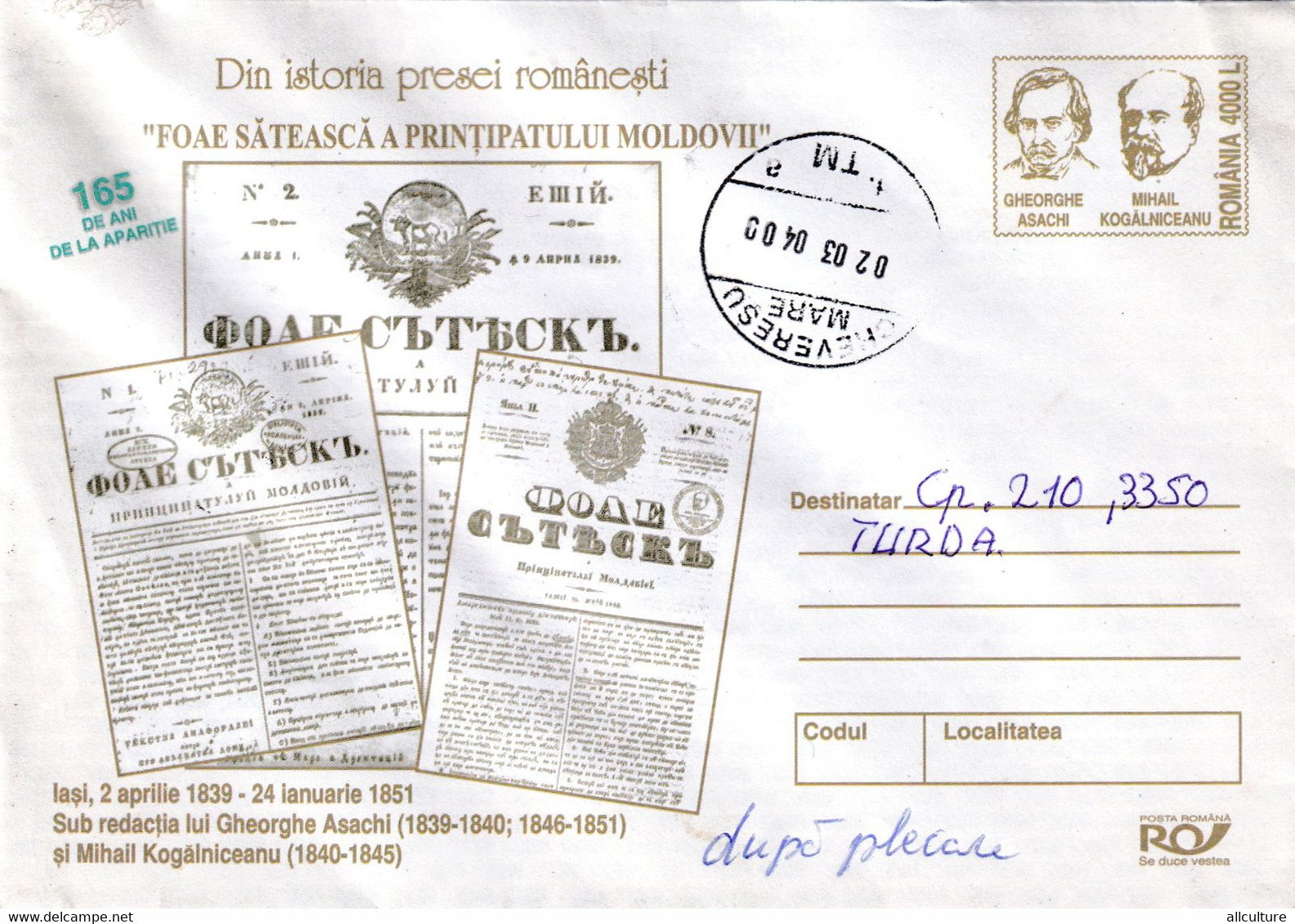 A9643-ROMANIAN PRESS JOURNALISM NEWSPAPER 1839-1851, 2000 SENT TO TURDA ROMANIA COVER STATIONERY - Postal Stationery