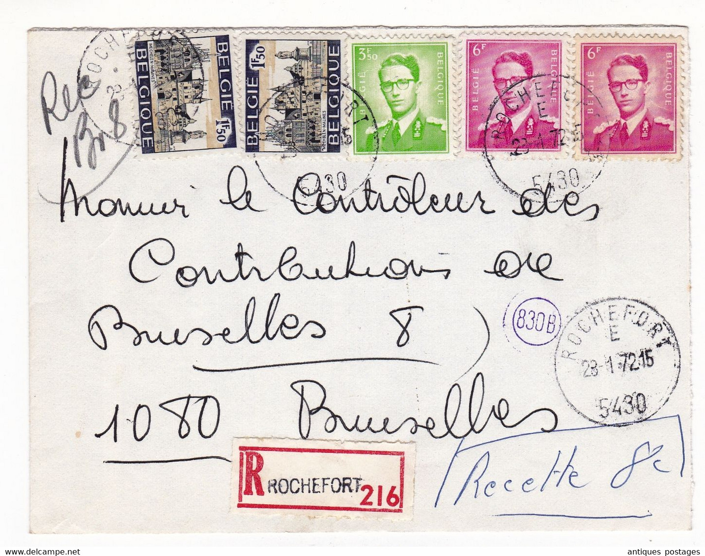 Lettre 1972 Recommandée Rochefort Belgique Controleur Des Contributions De Bruxelles - Storia Postale