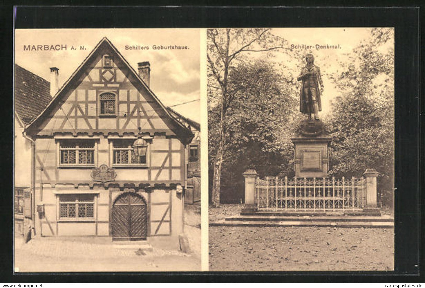 AK Marbach A. N., Schillers Geburtshaus, Schiller-Denkmal - Marbach