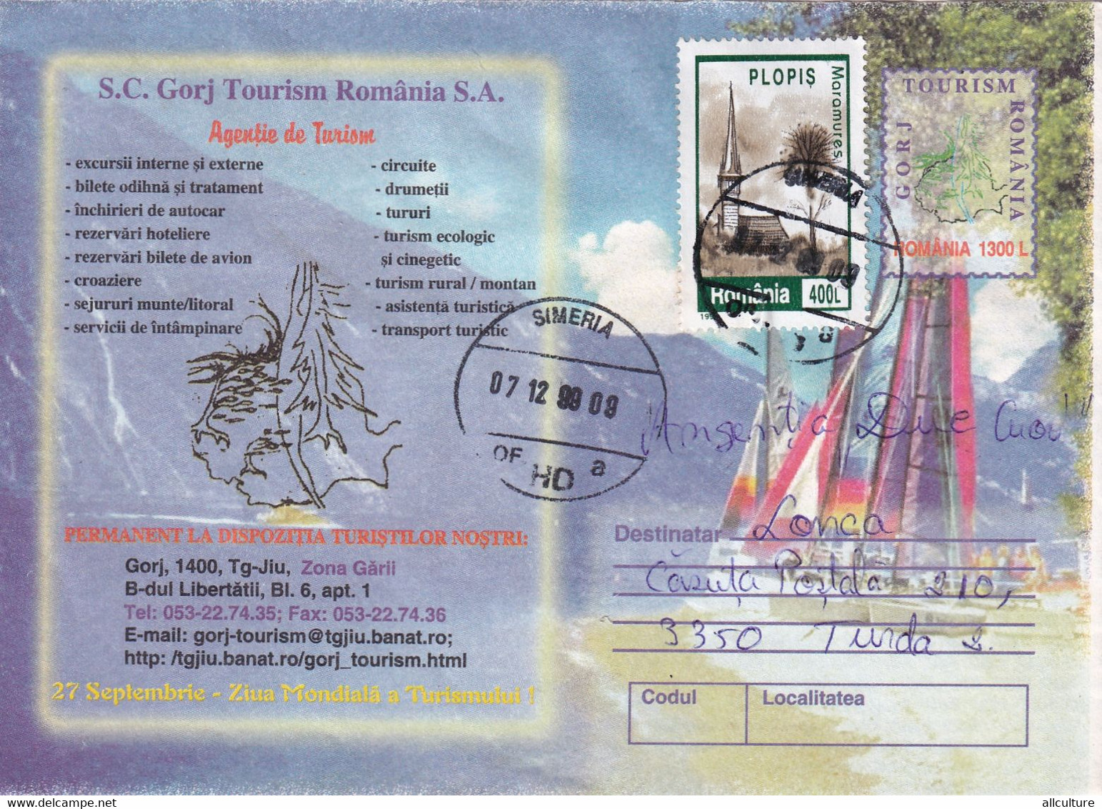 A9648- GORJ ROMANIA TOURISM ACTIVITIES, ROMANIAN POSTAGE USED STAMP, TOURISM COVER STATIONERY 1999 SIMERIA - Autres & Non Classés