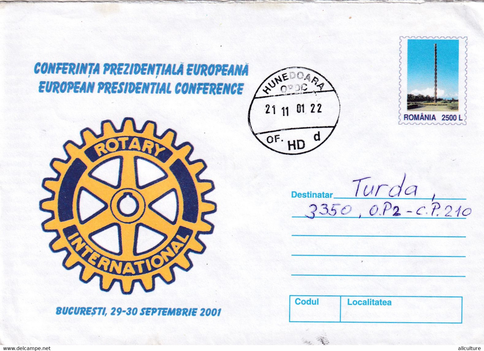 A9653- EUROPEAN PRESIDENTIAL CONFERENCE BUCHAREST 2001 ROTARY INTERNATIONAL ROMANIA COVER STATIONERY, HUNEDOARA 2001 - Rotary, Lions Club