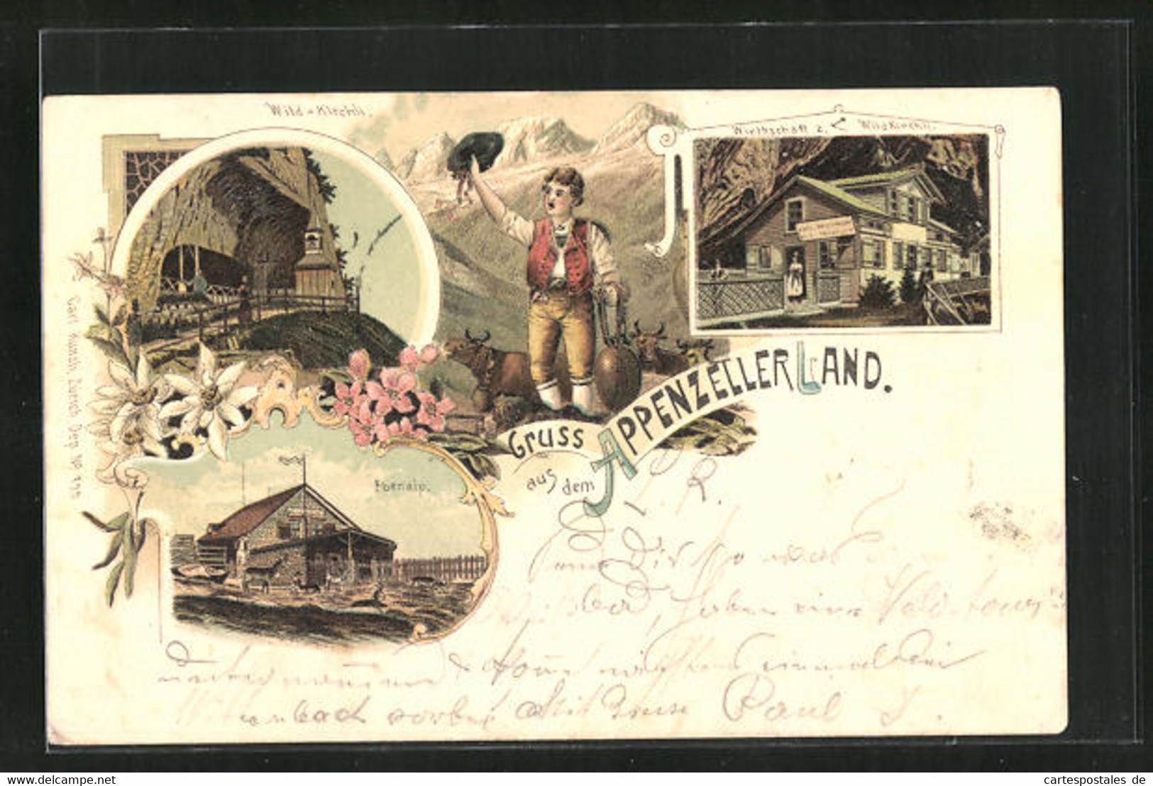 Lithographie Weissbad /Appenzell, Gasthaus Zum Wildkirchli, Ebenalp - Weissbad 