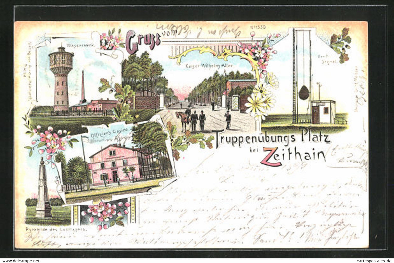 Lithographie Zeithain, Kaiser Wilhelm Allee, Offizierscasino, Wasserwerk - Zeithain