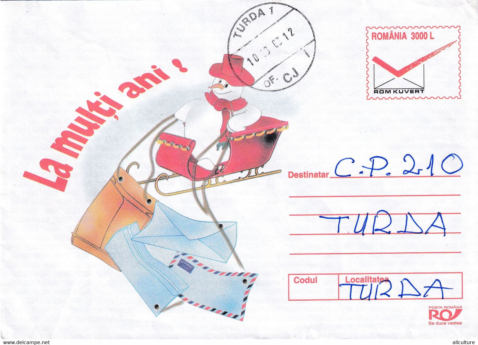 A9661- HAPPY HOLIDAY GREETINGS, NEW YEAR SNOWMAN ON SLEDGE, ROMANIA COVER STATIONERY, 2003 SENT TO TURDA - Postal Stationery