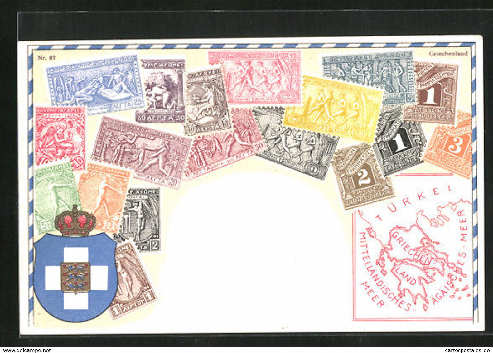 Lithographie Briefmarken Von Griechenland, Landkarte Ägäis, Wappen Mit Krone - Stamps (pictures)