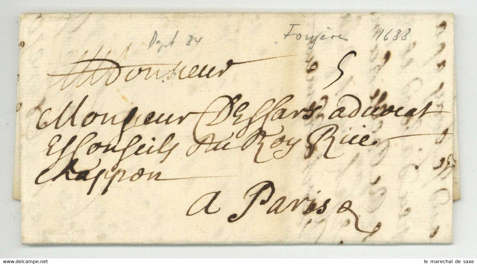 Fougeres 1688 Lettre Taxe 5 Sols Pour Paris LAS De La Haye-Saint Hilaire Bretagne - ....-1700: Precursores