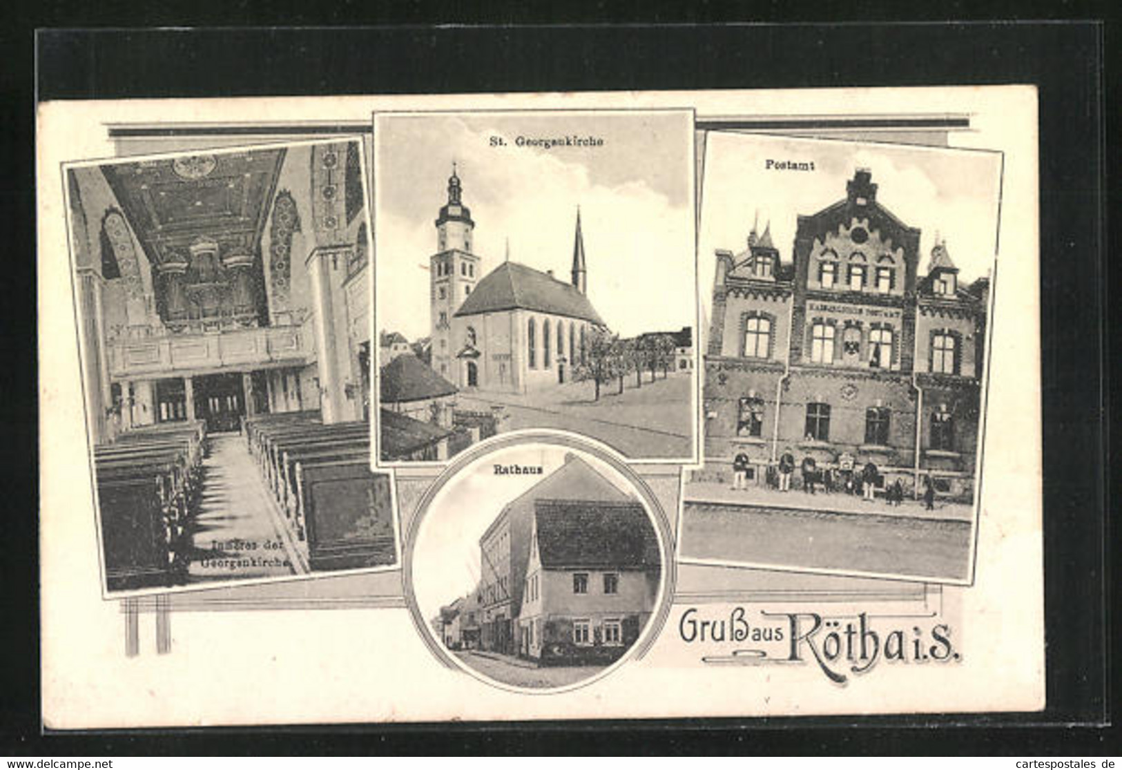 AK Rötha I. S., Postamt, St. Georgenkirche, Rathaus - Rötha