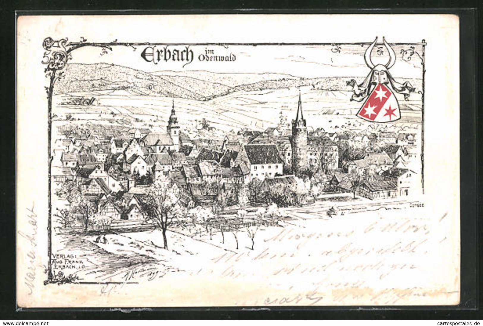 Lithographie Erbach I. O., Panoramablick Auf Den Ort, Wappen - Erbach