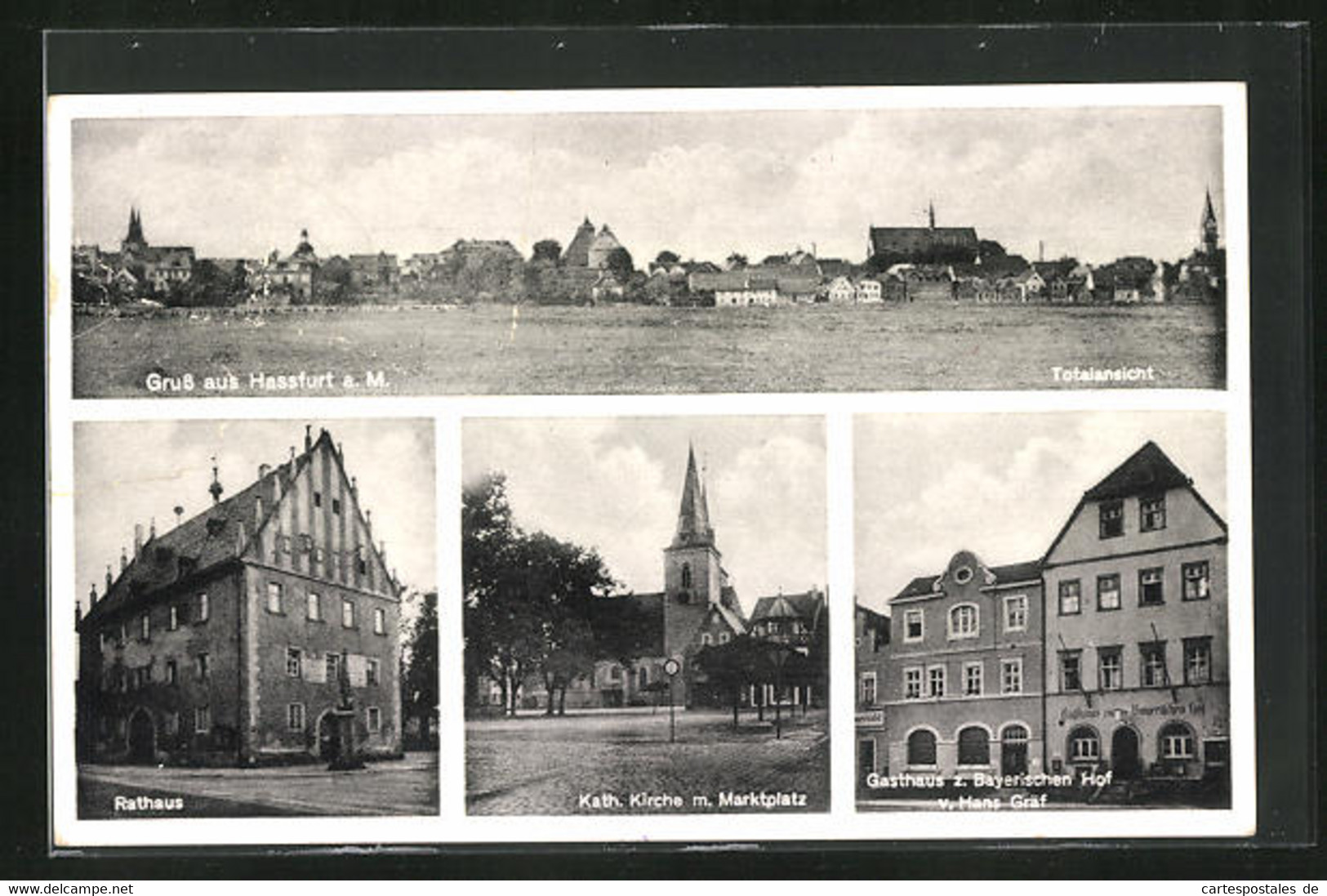 AK Hassfurt A.M., Totalansicht, Kath. Kirche Mit Marktplatz, Gasthaus Zum Bayerischen Hof Von Hans Gräf - Hassfurt