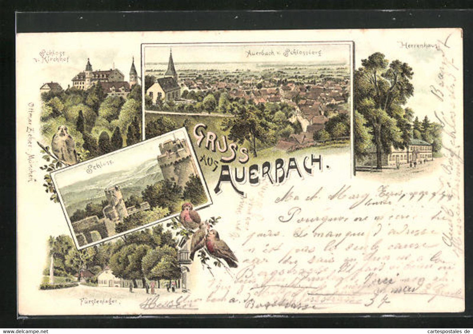 Lithographie Auerbach B. Bensheim, Fürstenlager, Schloss Und Kirchhof, Herrenhaus - Bensheim