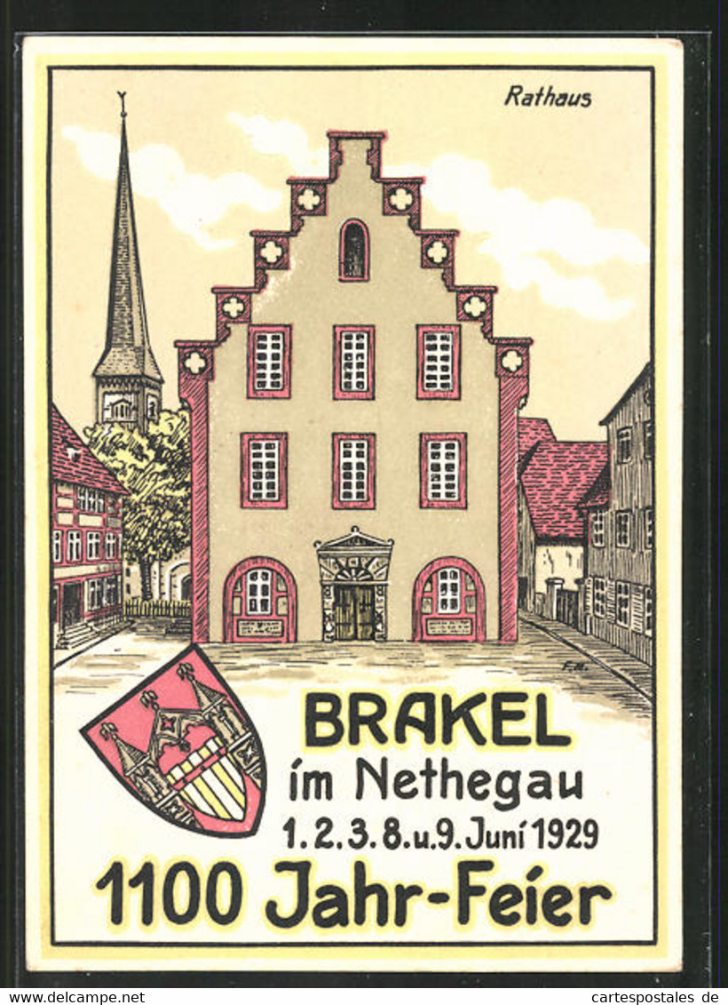 Künstler-AK Brakel Im Nethegau, 1100 Jahr Feier 1929, Rathaus Und Wappen - Brakel