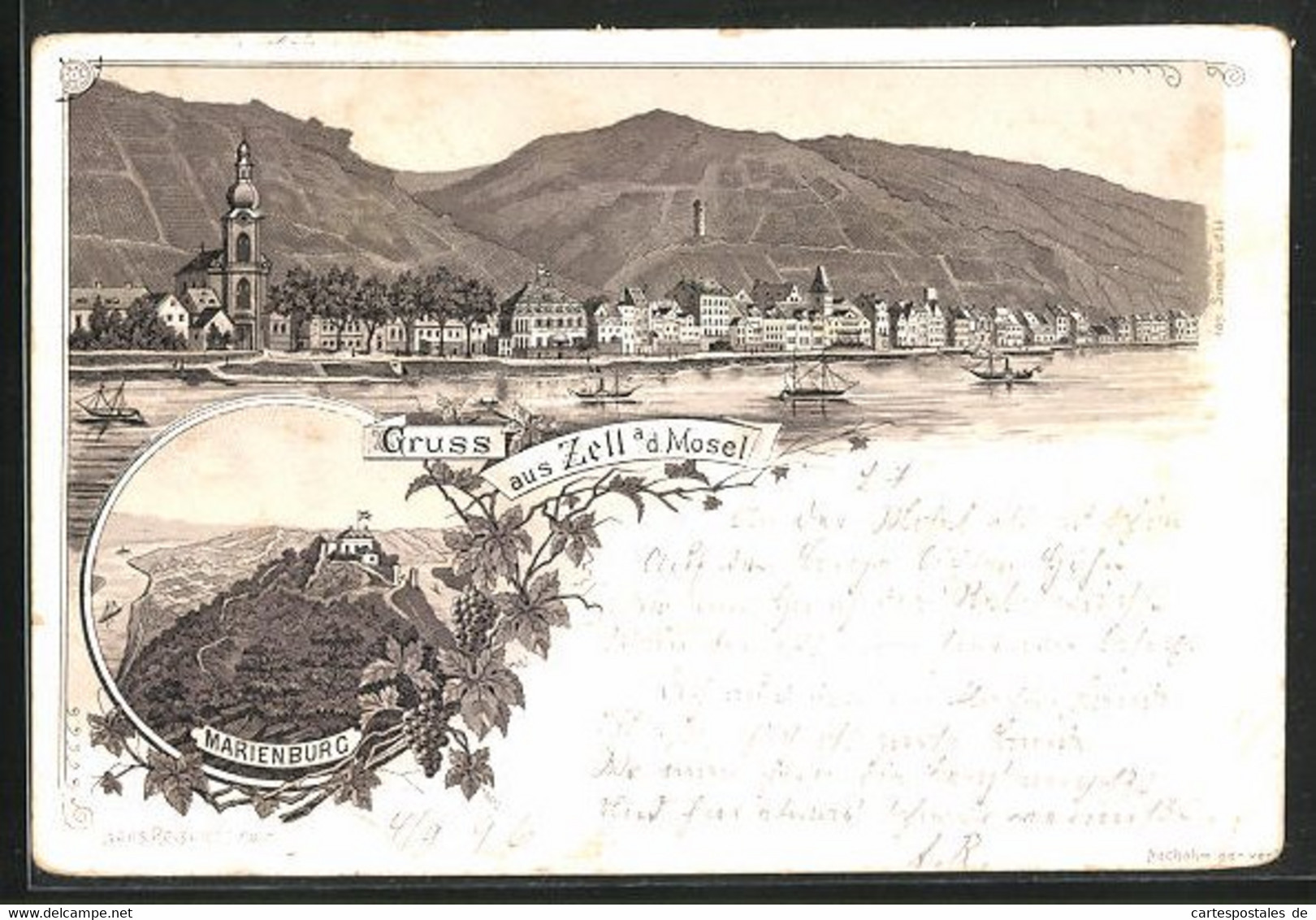 Lithographie Zell A. D. Mosel, Stadtansicht Mit Ufer, Marienburg - Zell