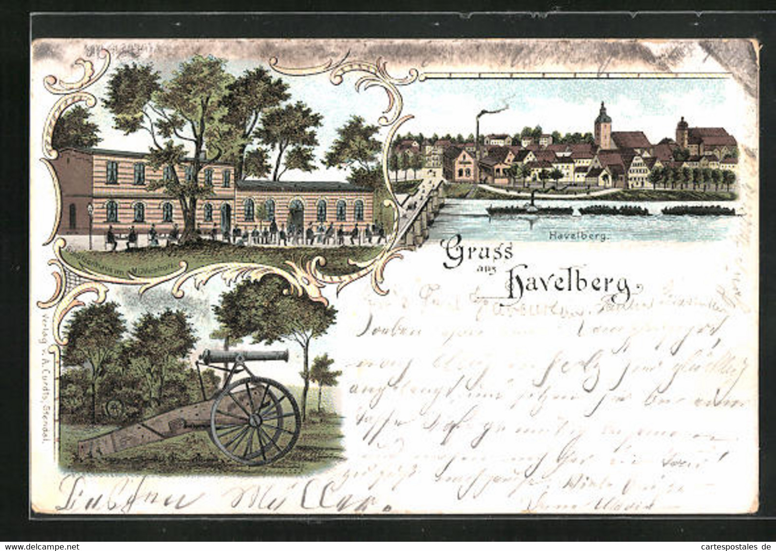 Lithographie Havelberg, Gasthof Schützenhaus Mühlenholz, Kanone, Teilansicht - Havelberg