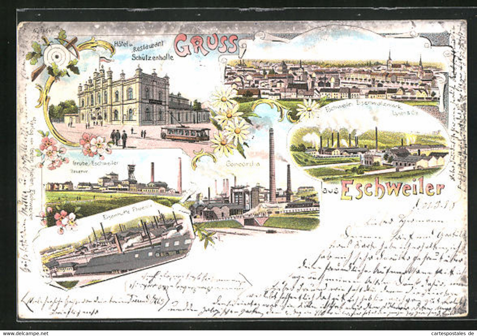 Lithographie Eschweiler, Hotel Restaurant Schützenhalle, Eisenhütte Phönix, Concordia, Eisenwalzwerk - Eschweiler