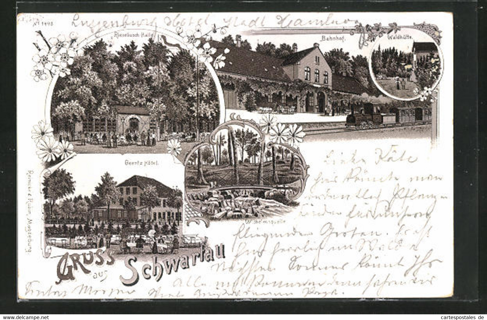 Lithographie Schwartau, Riesebusch-Halle, Bahnhof, Geertz Hotel - Bad Schwartau