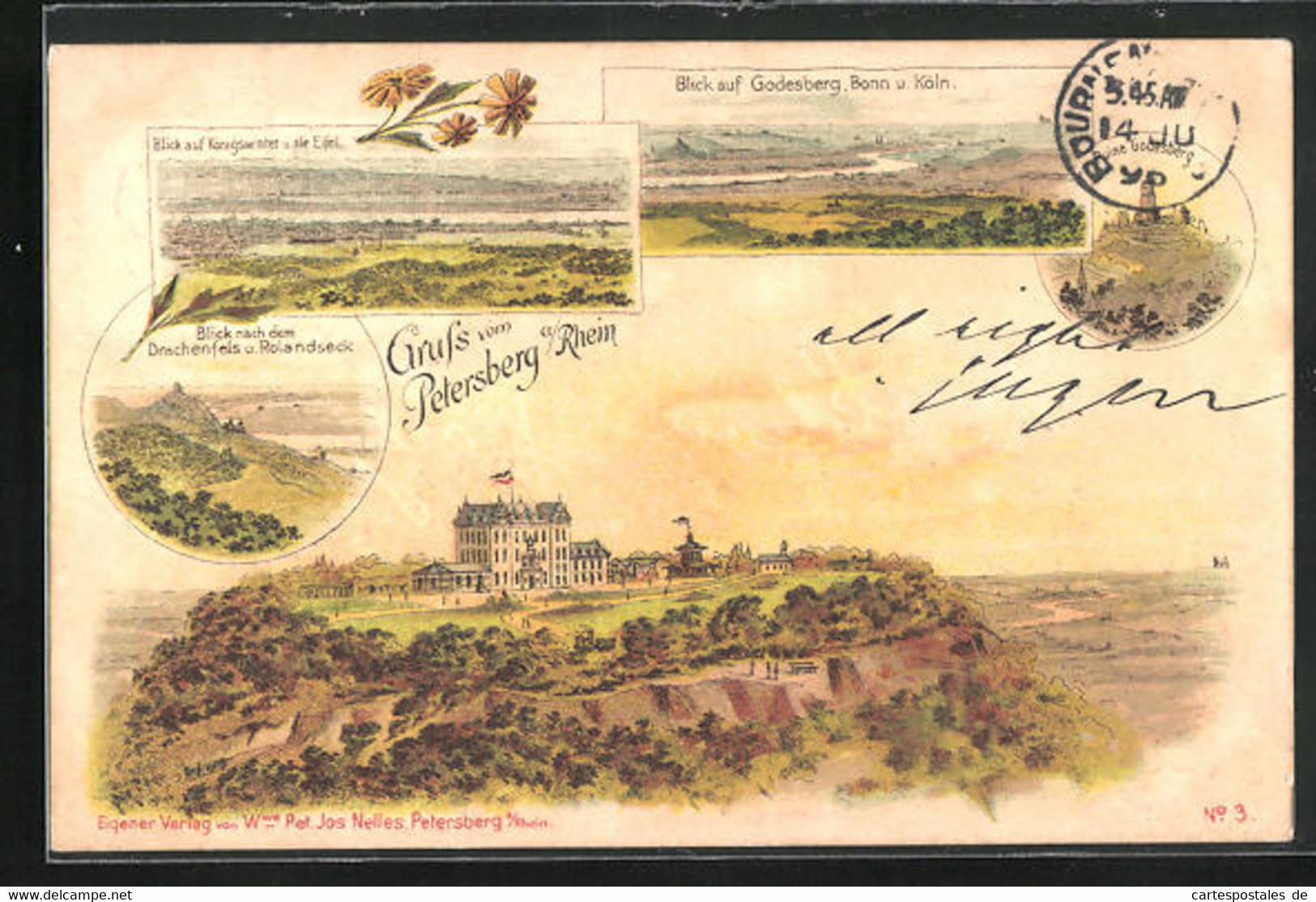 Lithographie Petersberg A /Rhein, Hotel, Blick Nach Dem Drachenfels U. Rolandseck, Blick Auf Königswinter U. Die Eifel - Petersberg