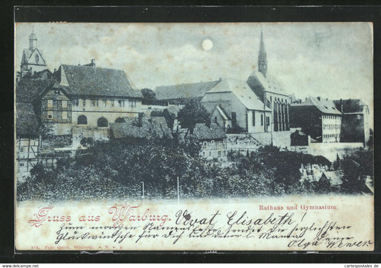 Mondschein-AK Warburg, Rathaus Und Gymnasium Bei Nacht - Warburg