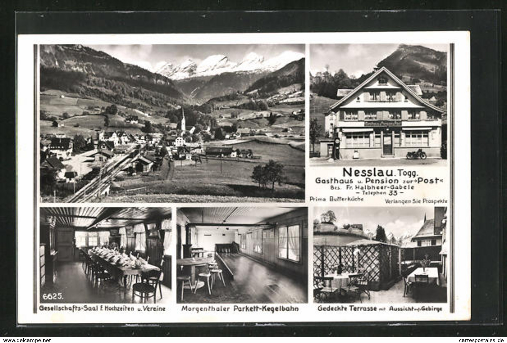 AK Nesslau /Togg., Gasthaus Zur Post, Parkett-Kegelbahn, Terrasse, Gesellschaftsaal - Nesslau