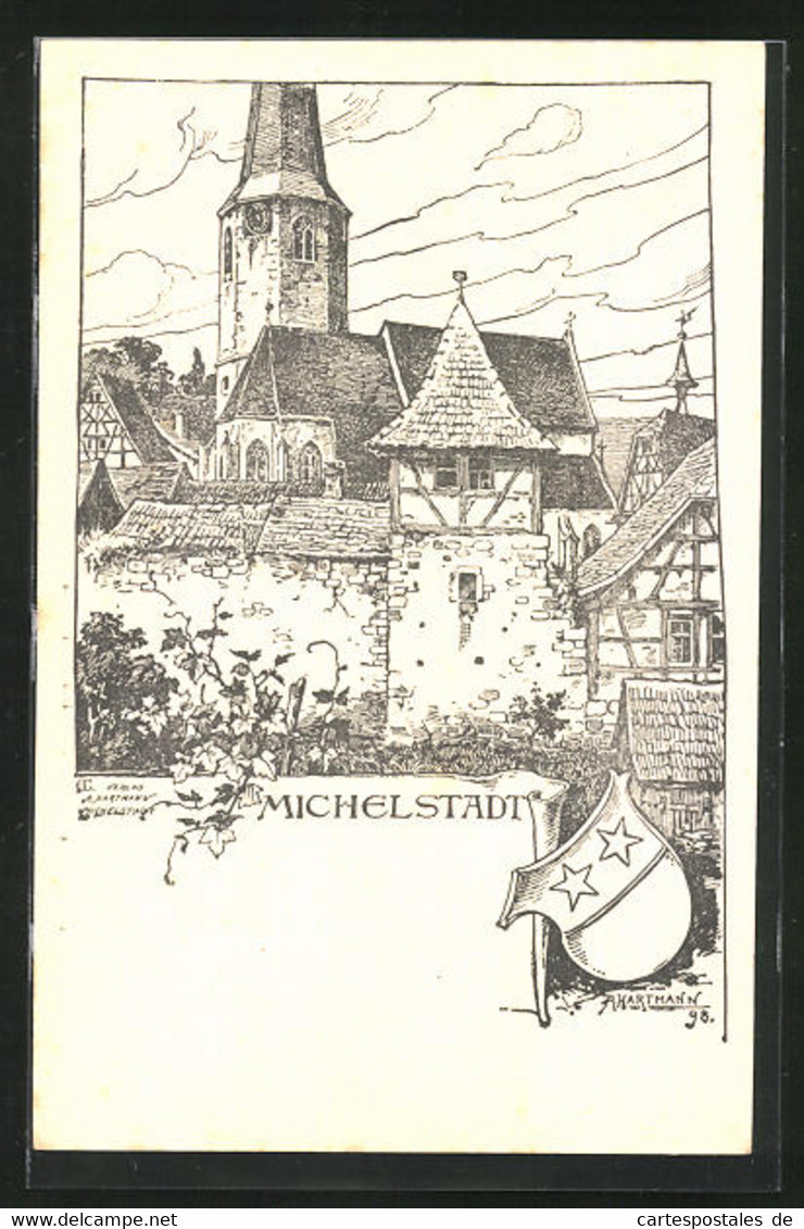 Künstler-AK Michelstadt, Partie Am Kirchturm, Wappen - Michelstadt