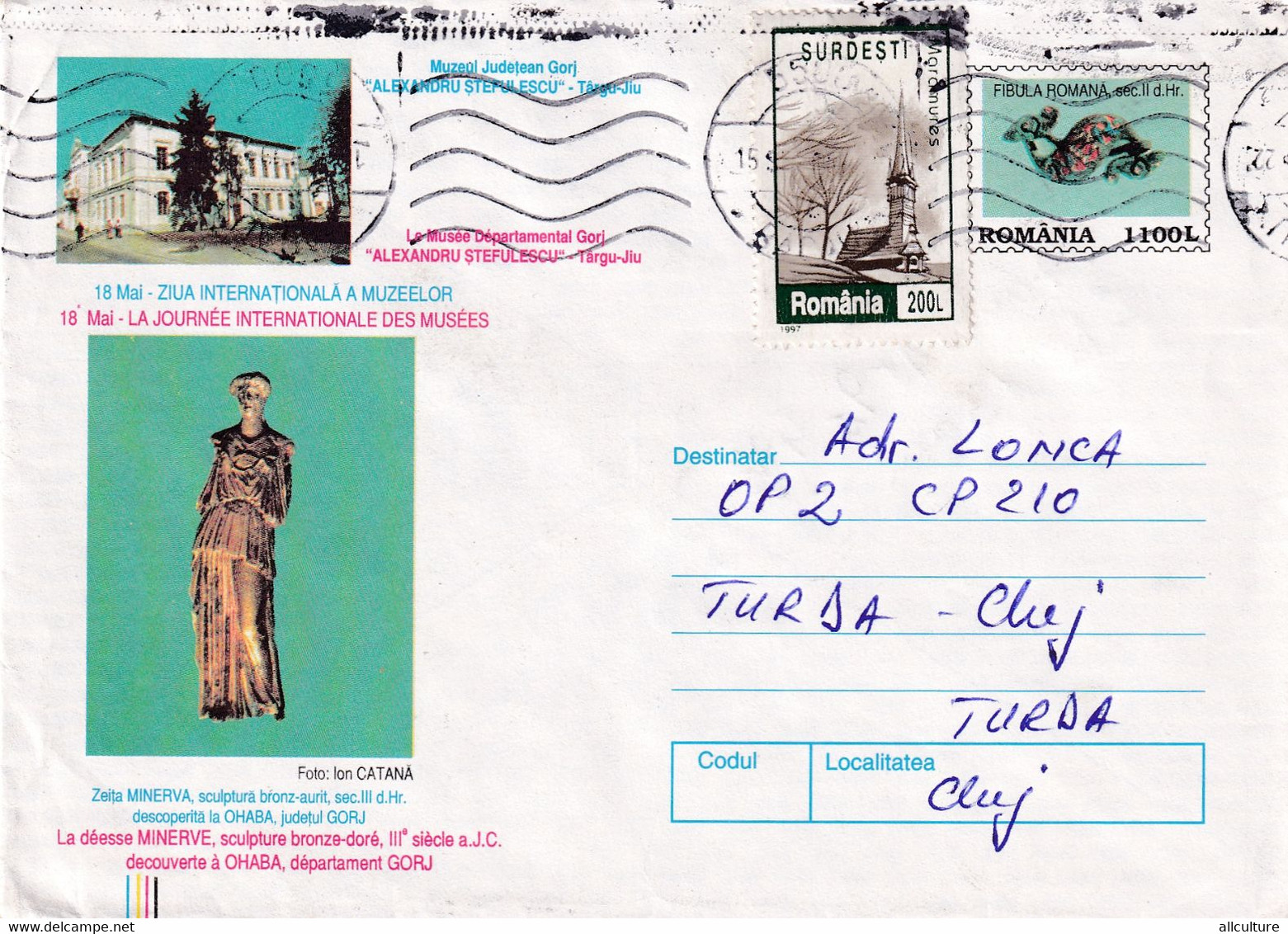 A9699-  LA JOURNEE INTERNATIONALE DES MUSEES, LA DEESE MINERVE,USED STAMPS ON COVER, 1999 ROMANIA COVER STATIONERY - Musées