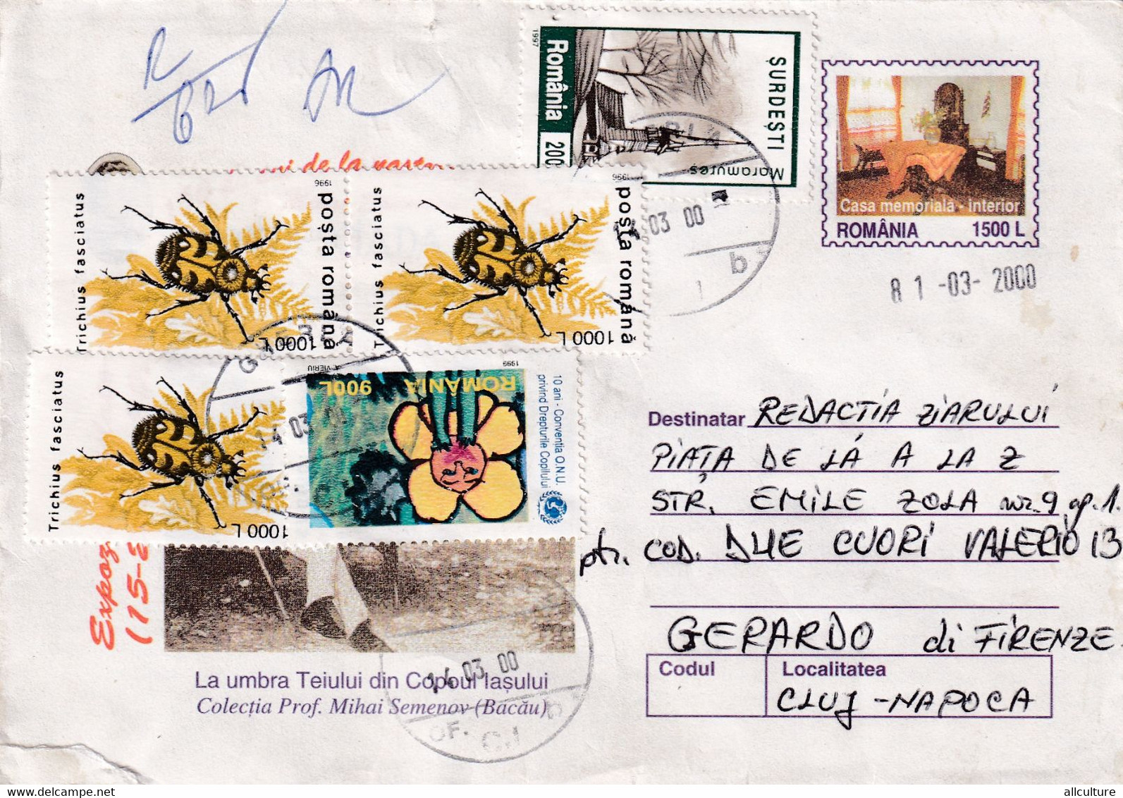 A9700- TRICHIUS FASCIATUS BEE BEETLE INSECT- USED STAMPS ON COVER, GHERLA 2000 ROMANIA COVER STATIONERY - Andere & Zonder Classificatie