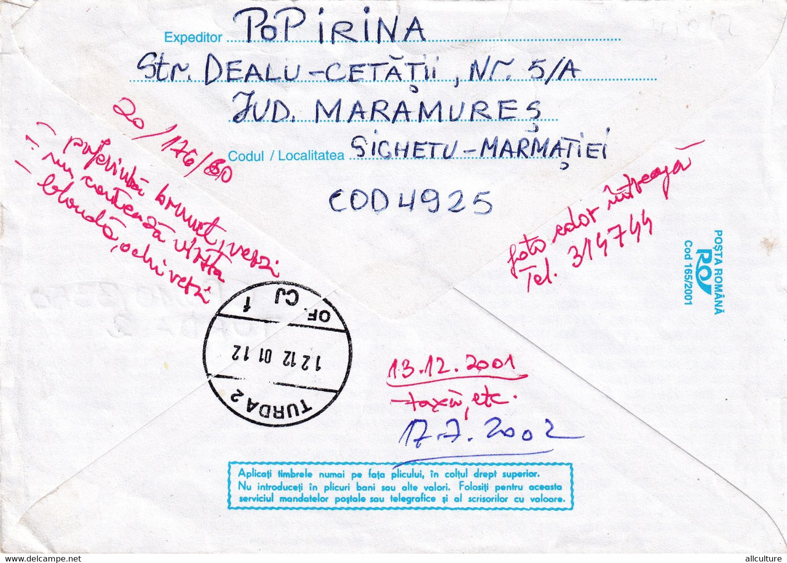 A9703- 1 DECEMBER 1918 UNIVERSITY OF ALBA IULIA, SIGHETU MARMATIEI 2001 ROMANIA COVER STATIONERY - Postal Stationery