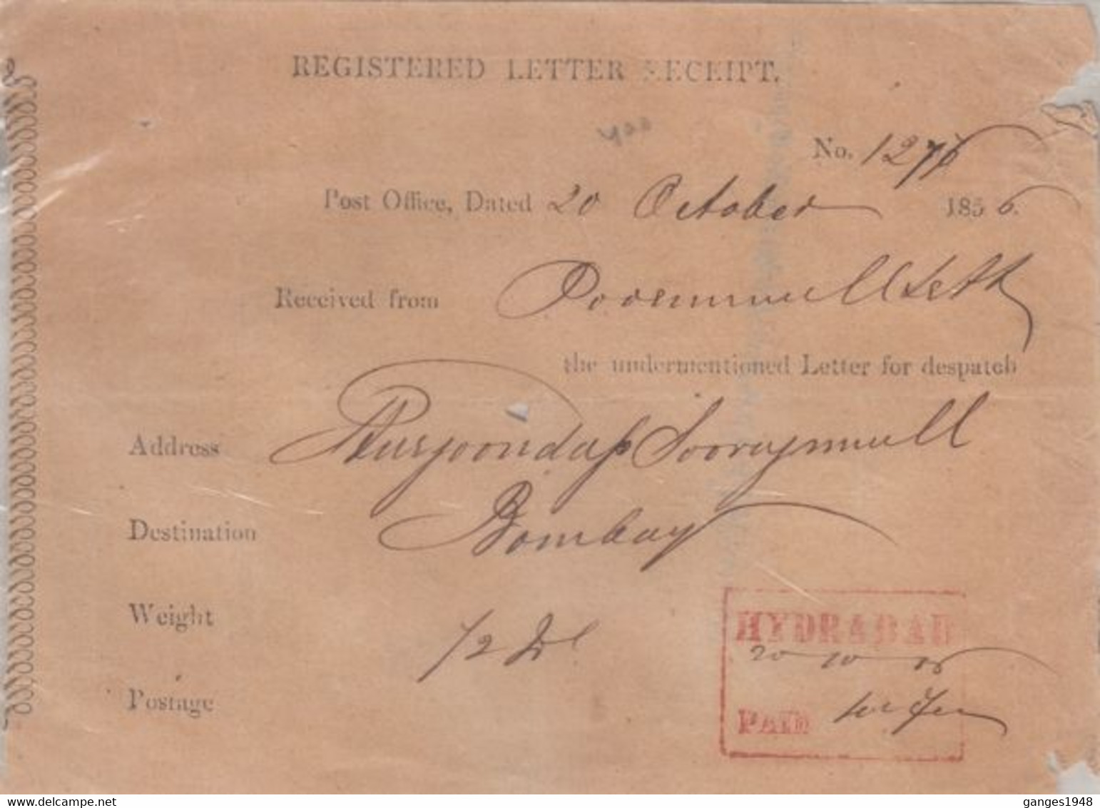 India 1856  QV Period  Hyderabad  Hanstruck 2 Pies Postmark On Regd Letter Receipt To Bombay  #  29100 D  Inde Indien - 1854 Compagnia Inglese Delle Indie