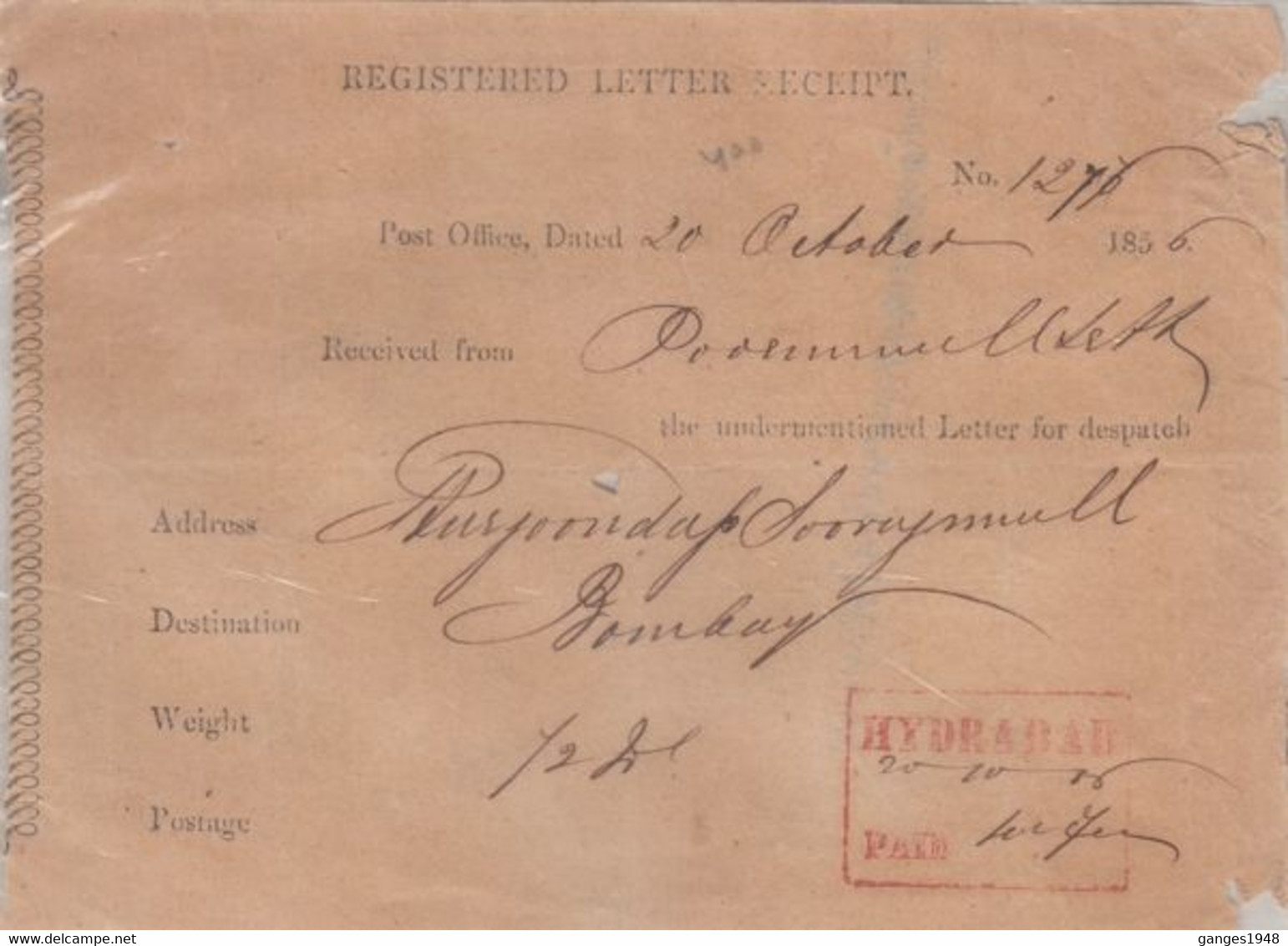 India 1856  QV Period  Hyderabad  Hanstruck 2 Pies Postmark On Regd Letter Receipt To Bombay  #  29100 D  Inde Indien - 1854 East India Company Administration