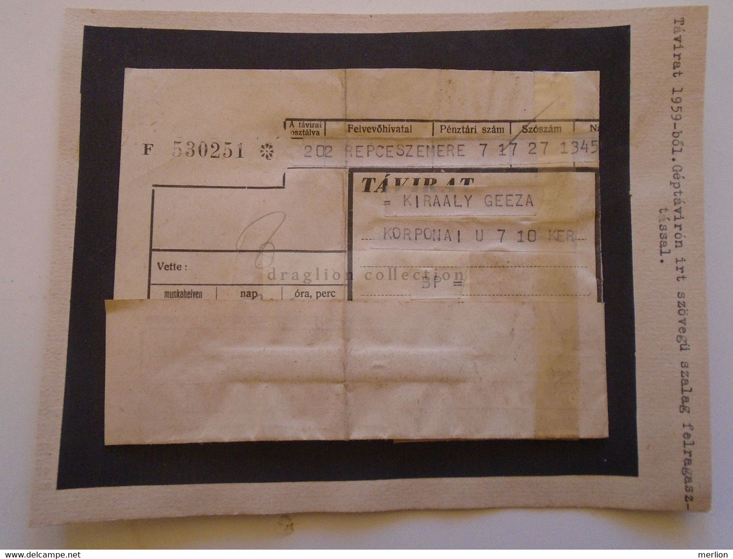 ZA120.2  HUNGARY  Tavirat Telegraph Telegram Répceszemere  1959 - Telegraph