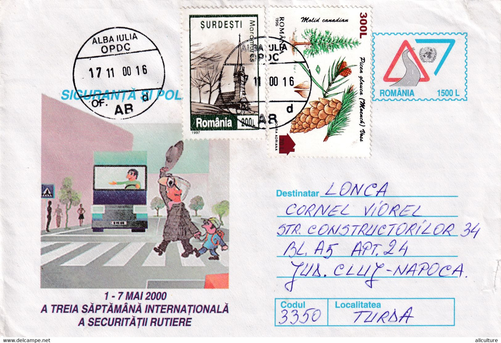 A9723-ROAD SAFETY, TRAFFIC CARS BUSSES, ROMANIA COVER STATIONERY, ALBA IULIA 2000, USED STAMPS ON COVER - Coches