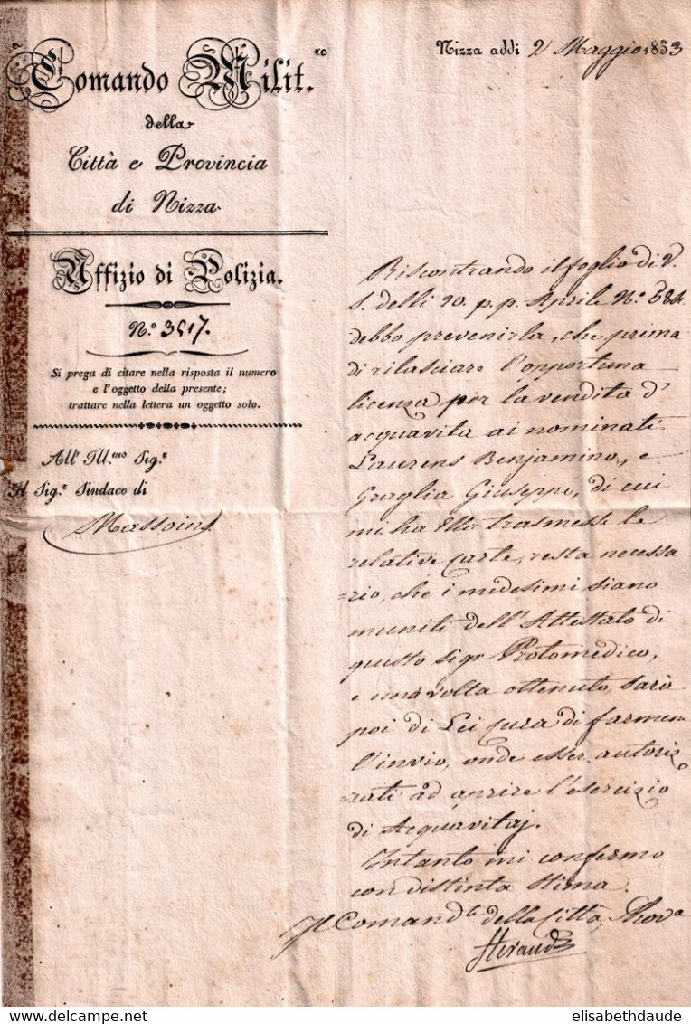 1833 - COMTE De NICE ! - MARQUE De FRANCHISE Du COMMANDEMENT MILITAIRE (POLICE) De NICE (NIZZA) - Bolli Militari (ante 1900)
