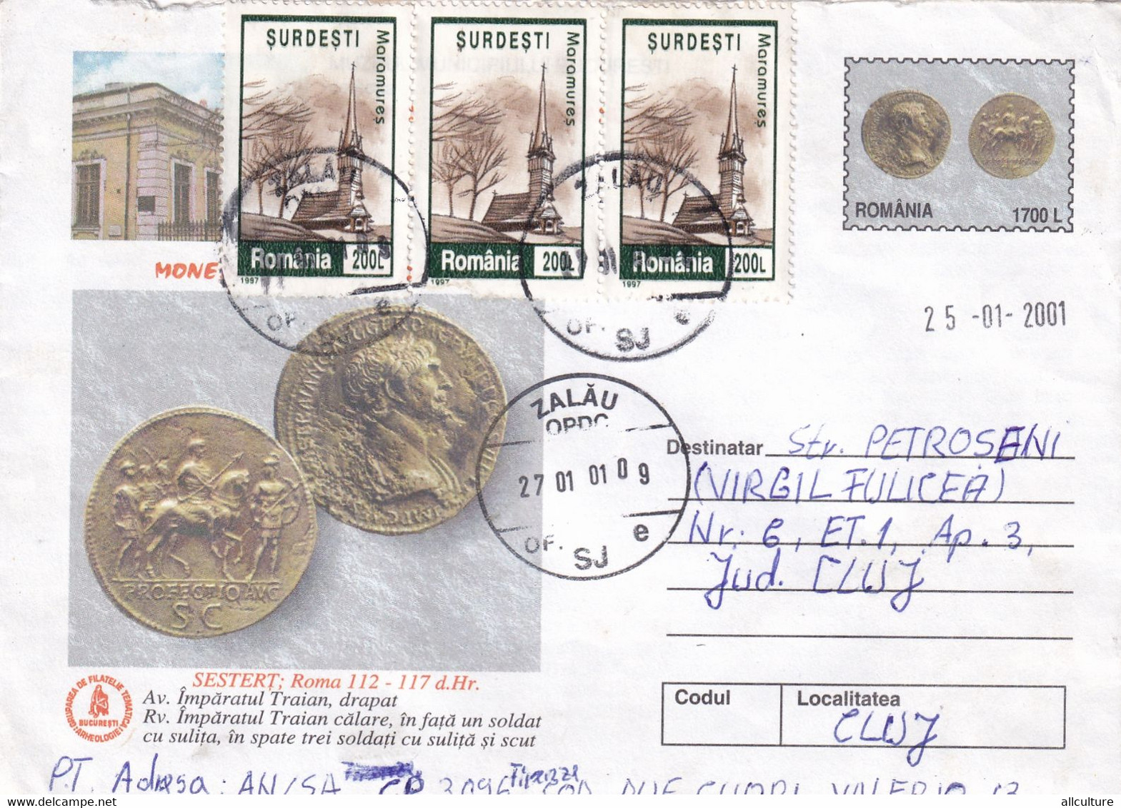 A9730-COINS ROME 112-117 BC, TRAJAN EMPEROR PORTRAIT, USED STAMPS ON COVER ZALAU 2001 ROMANIA COVER STATIONERY - Monnaies