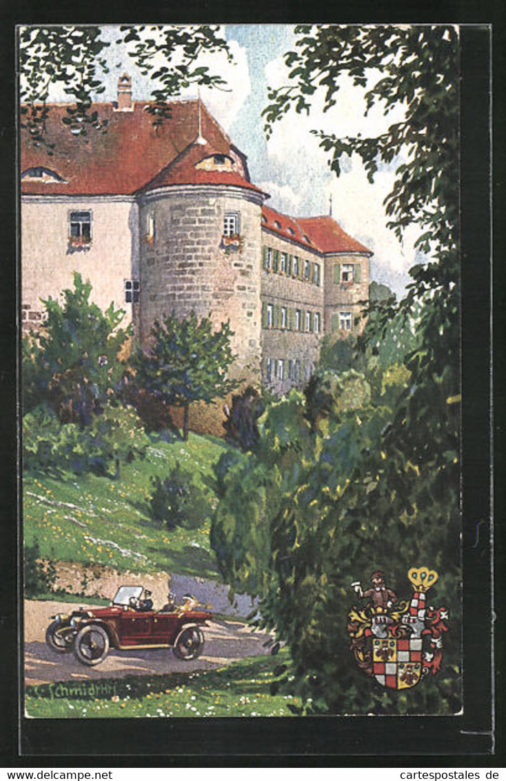 Künstler-AK Kitzingen /Unterfrkn., Schlossgut Schwanberg Mit Auto - Kitzingen