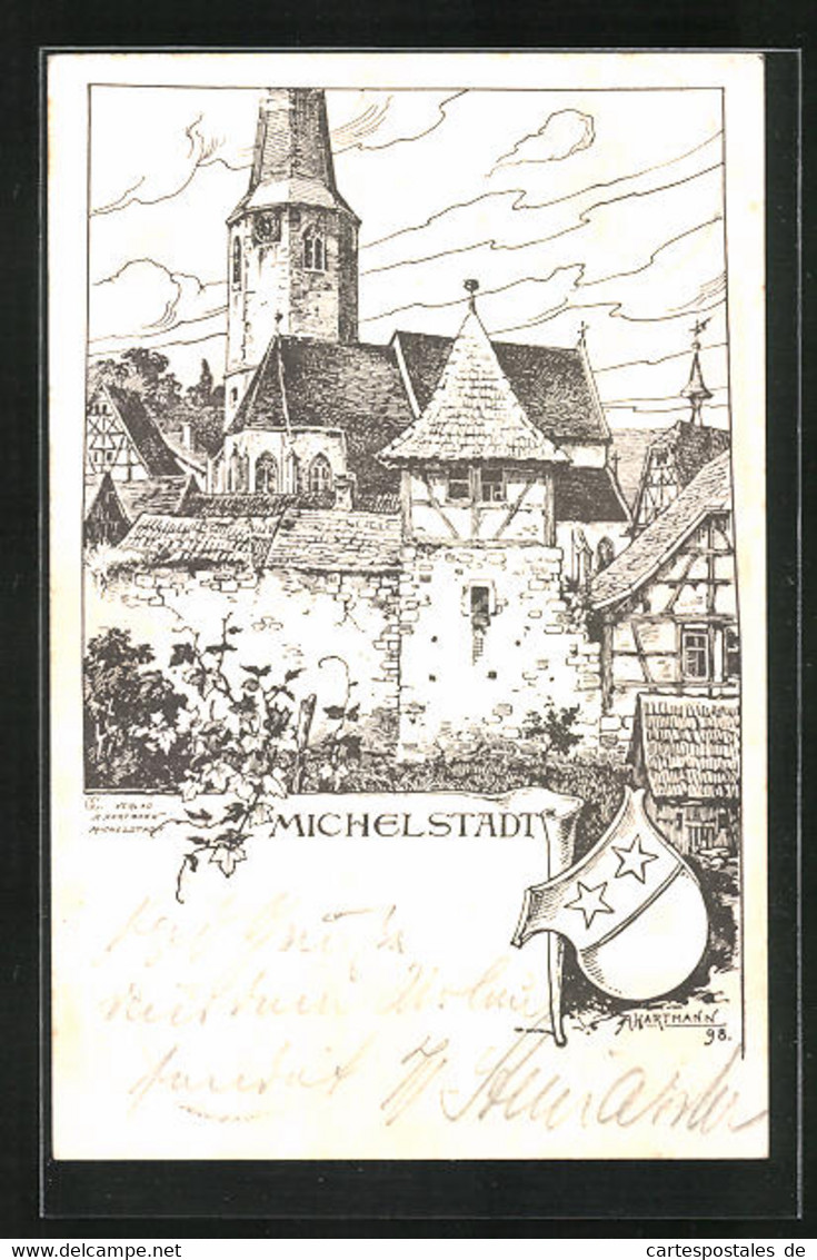 Künstler-AK Michelstadt, Ortspartie Mit Kirche - Michelstadt