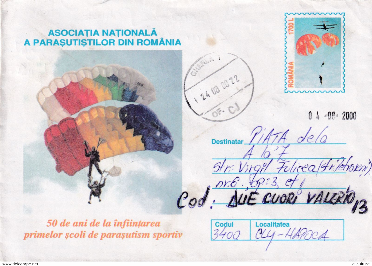 A9736- PARACHUTE SPORT, NATIONAL ASSOCIATION, GHERLA 2000 ROMANIA COVER STATIONERY - Parachutespringen