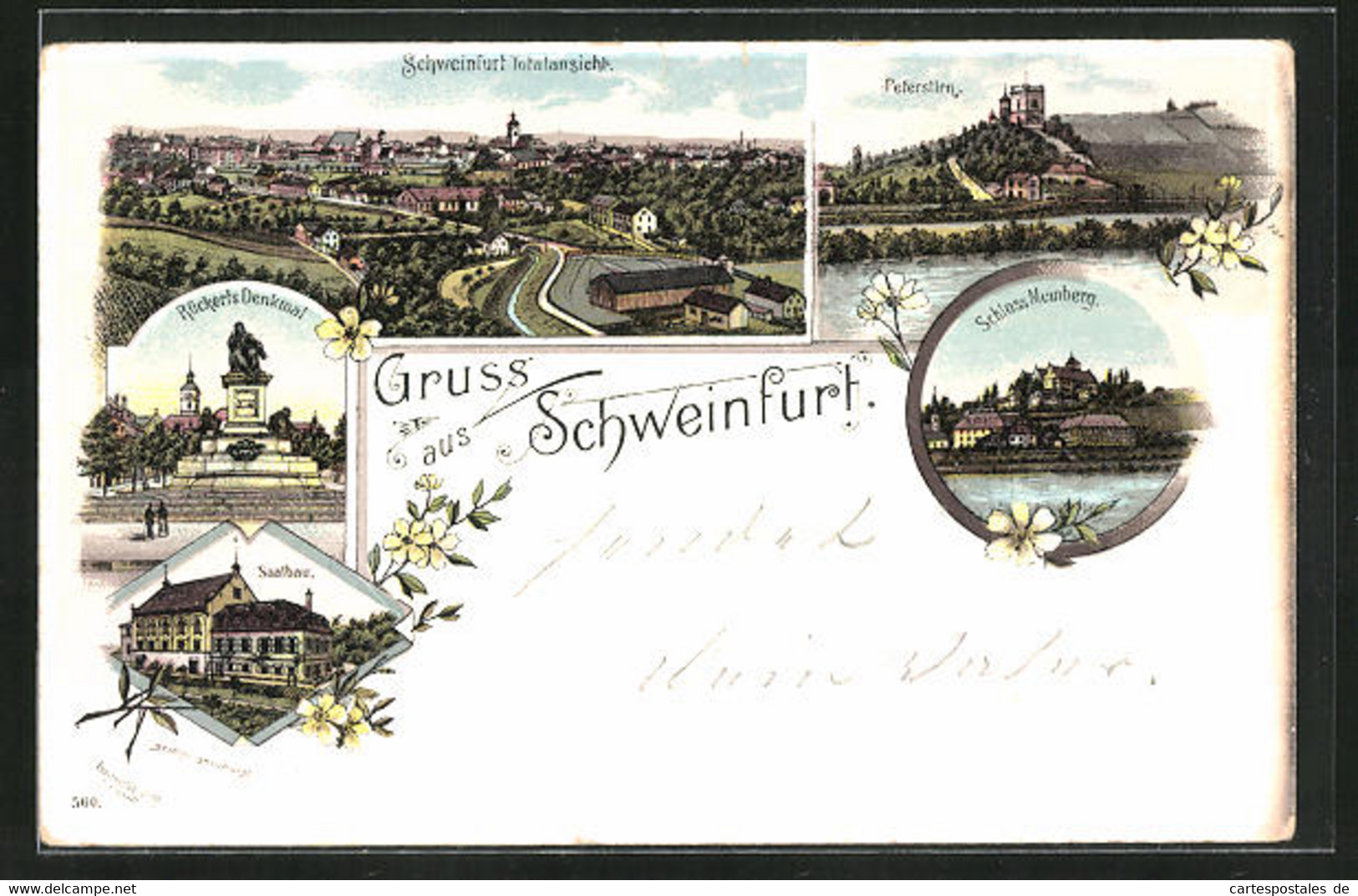 Lithographie Schweinfurt, Saalbau, Markt Mit Rückert-Denkmal, Peterstirn - Schweinfurt