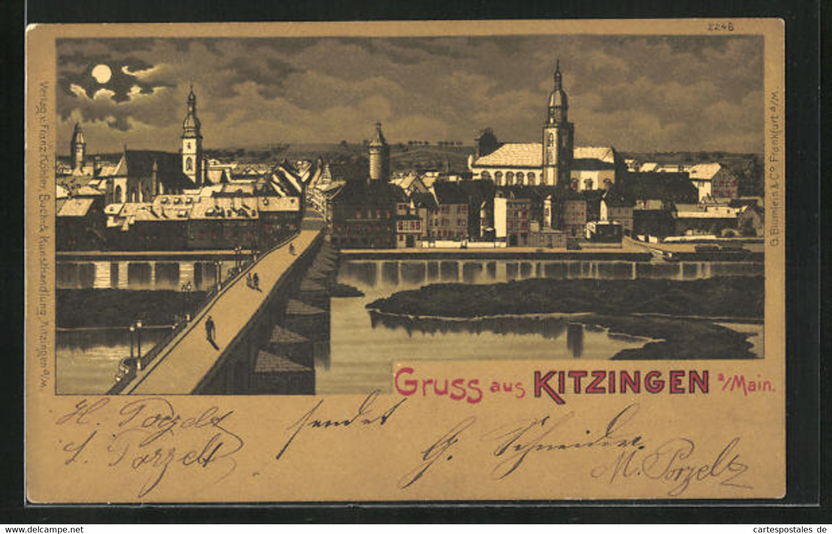 Lithographie Kitzingen A /Main, Teilansicht Bei Mondschein - Kitzingen