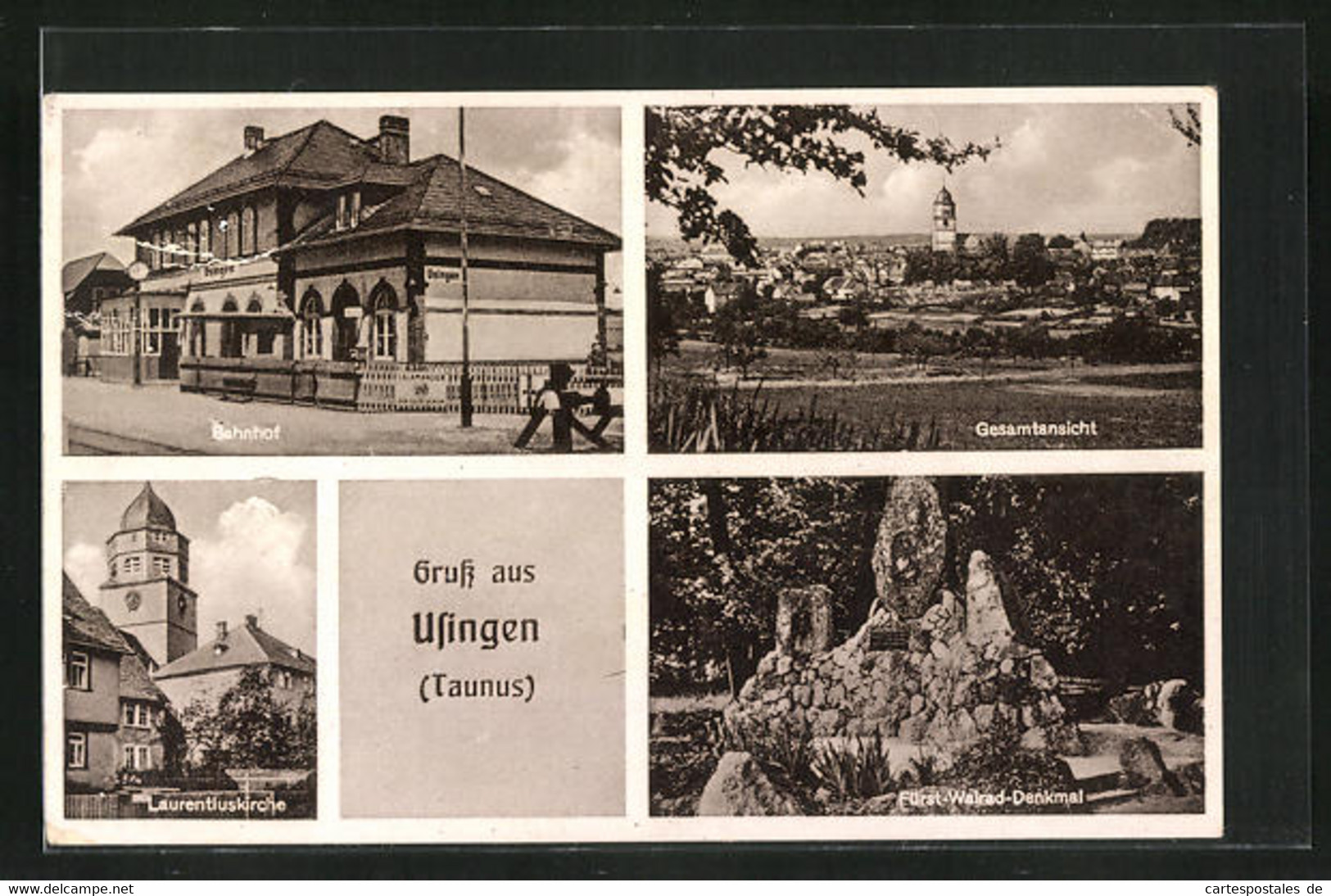 AK Usingen /Taunus, Bahnhof, Laurentiuskirche, Fürst Walrad-Denkmal - Usingen