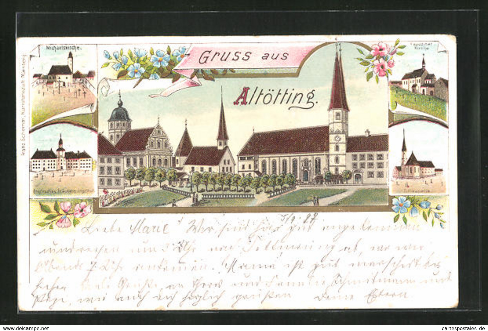 Lithographie Altötting, Michaelskirche Aus Der Vogelschau, Kapuziner Kirche, Tillikapelle - Altoetting