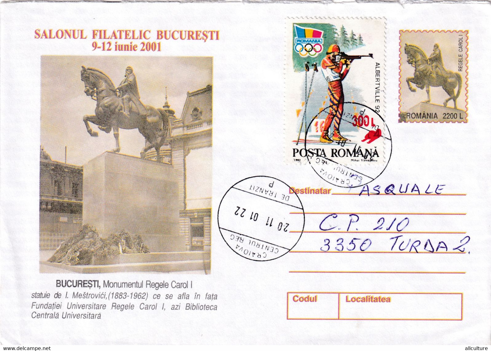 A9745- KING CAROL I MONUMENT BUCHAREST, USED STAMP ON COVER, CRAIOVA 2001 ROMANIA COVER STATIONERY - Monuments