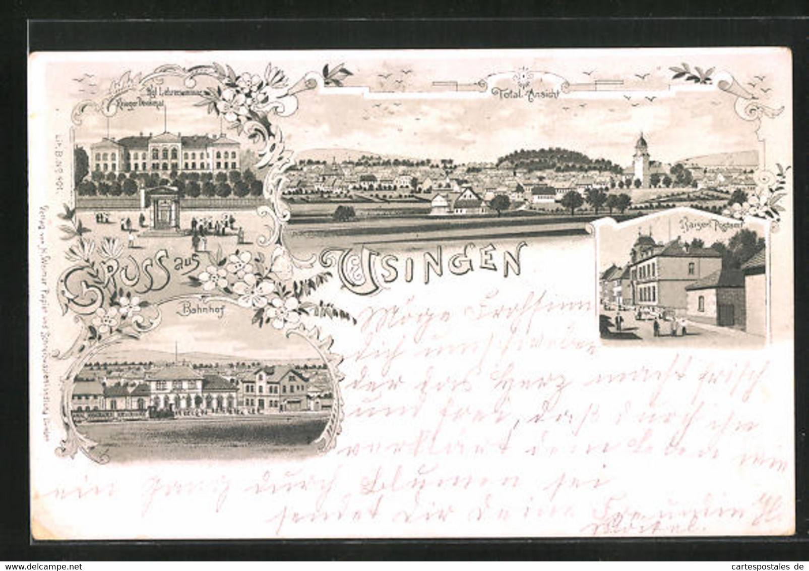 Lithographie Usingen, Bahnhof Mit Dampflok, Kaiserliches Postamt, Kgl. Lehrerseminar - Usingen