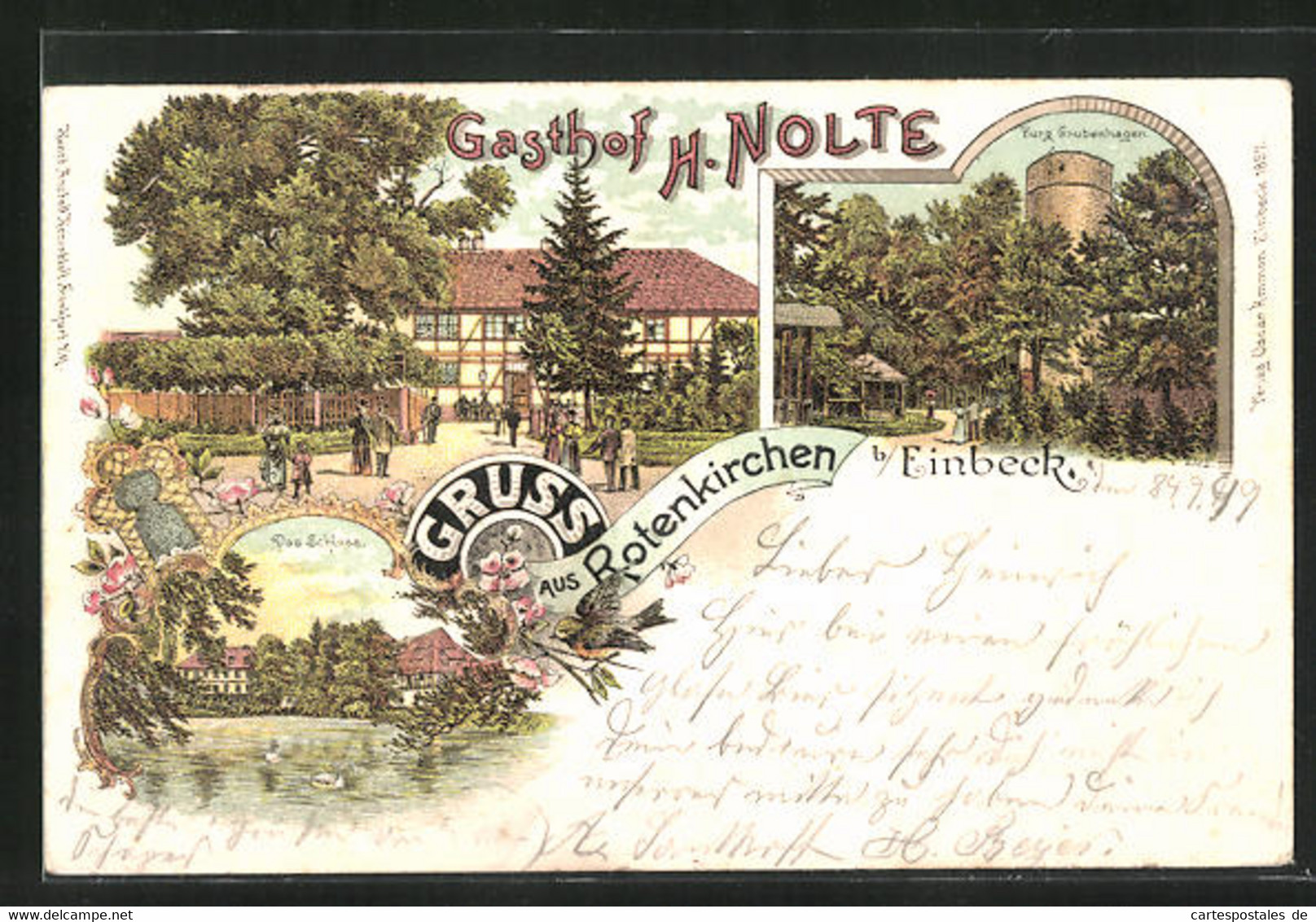 Lithographie Rotenkirchen B. Einbeck, Gasthof H. Nolte, Burg Grubenhagen - Einbeck