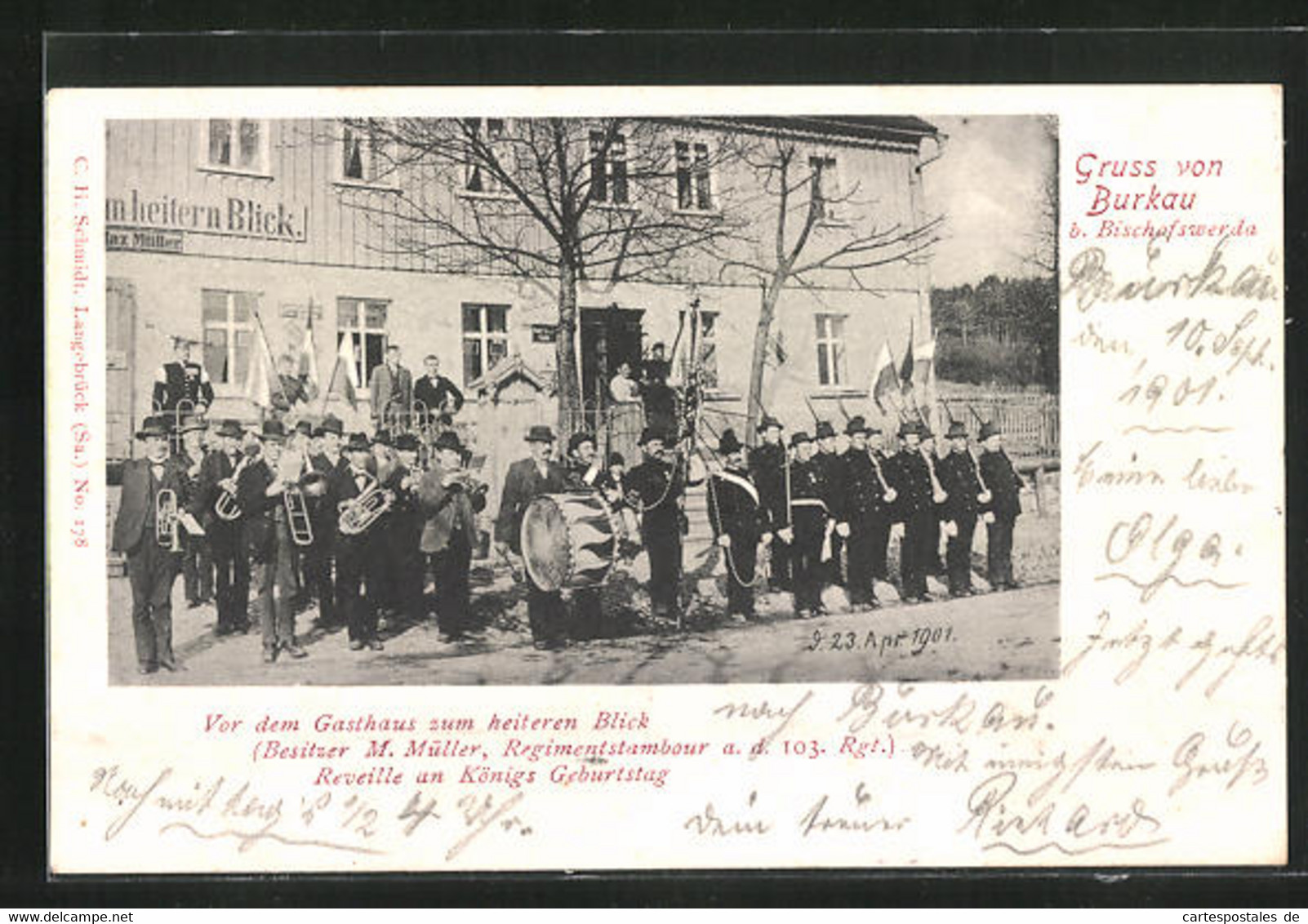 AK Burkau, Gasthaus Zum Heiteren Blick, Reveille An Königs Geburtstag - Burkau