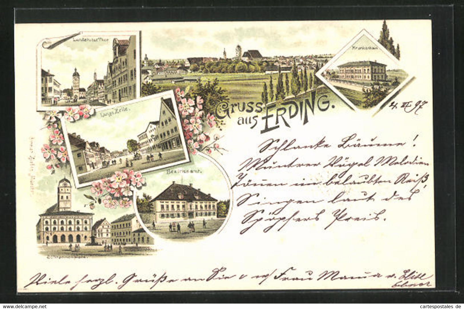 Lithographie Erding, Bezirksamt, Schrannenplatz, Lange Zeile - Erding